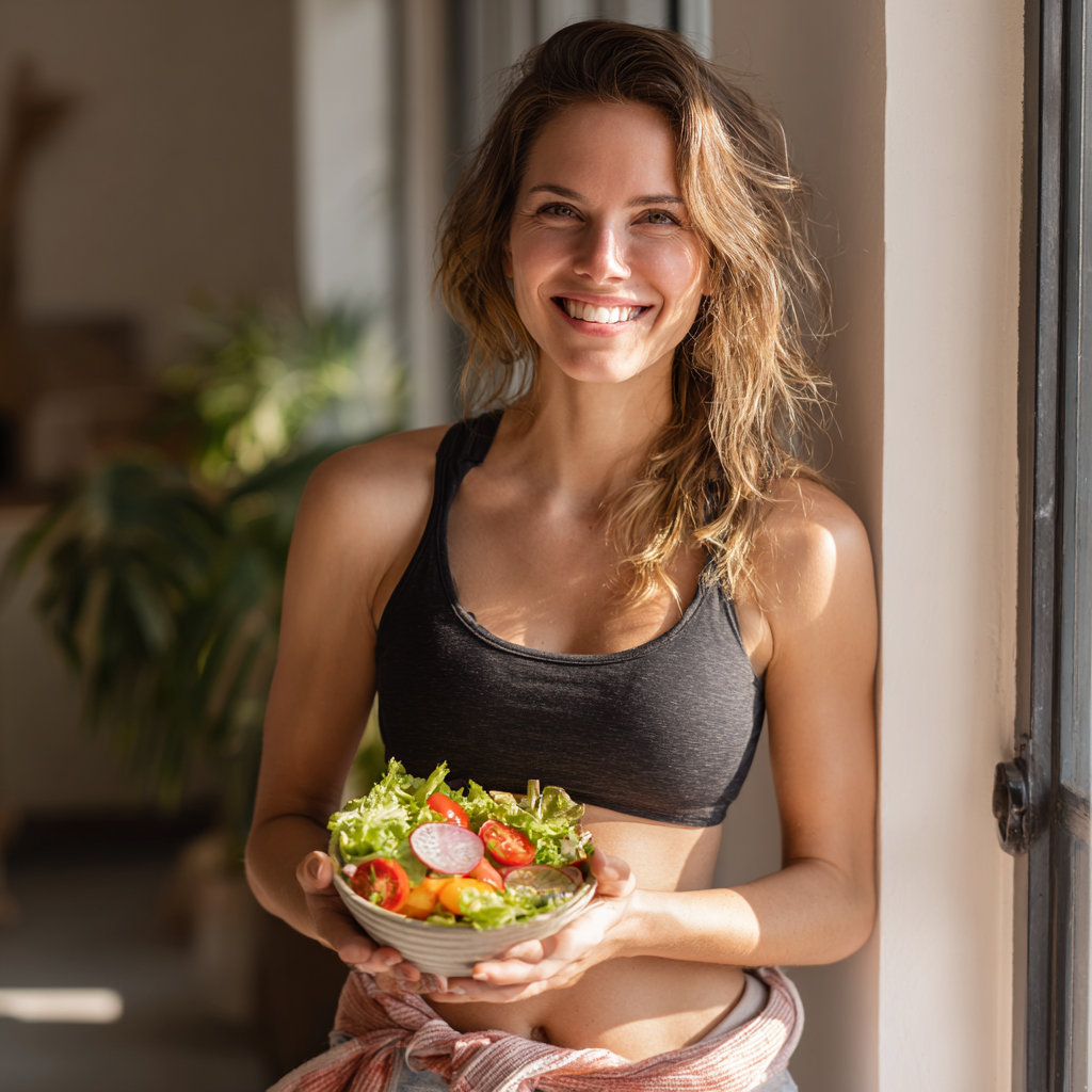 Smiling young European woman holding fresh vegetables and fruits, looking healthy and energetic in a modern kitchen